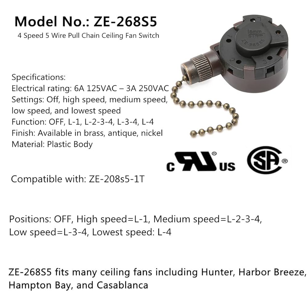 Ceiling Fan Switch Zing Ear ZE-268S5 4 Speed 5 Wire Pull